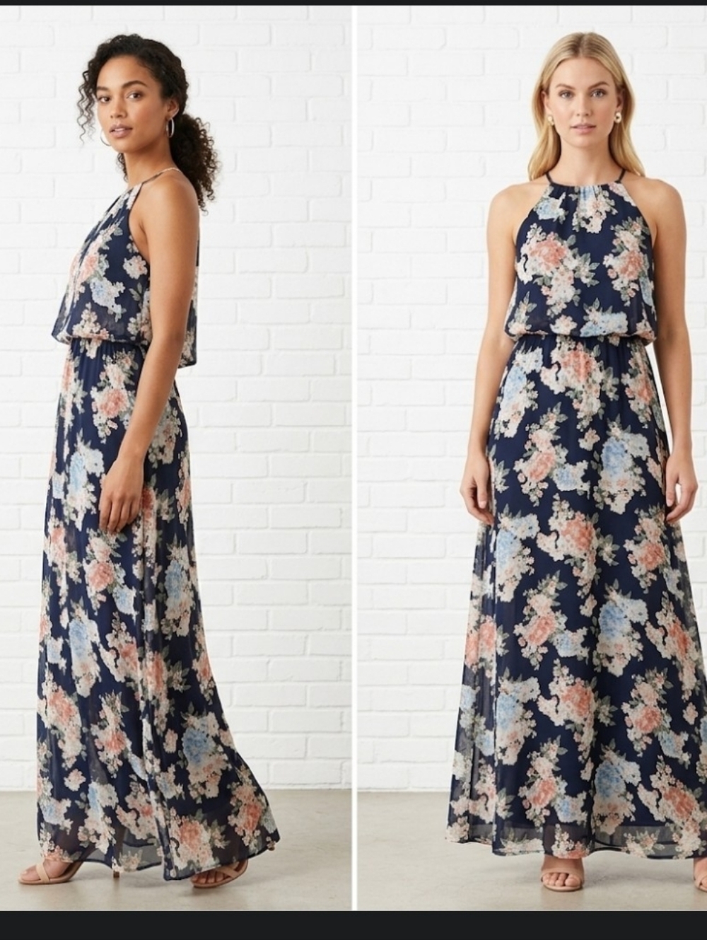 Halter Top Maxi Dress S Navy Blue Floral I Joah